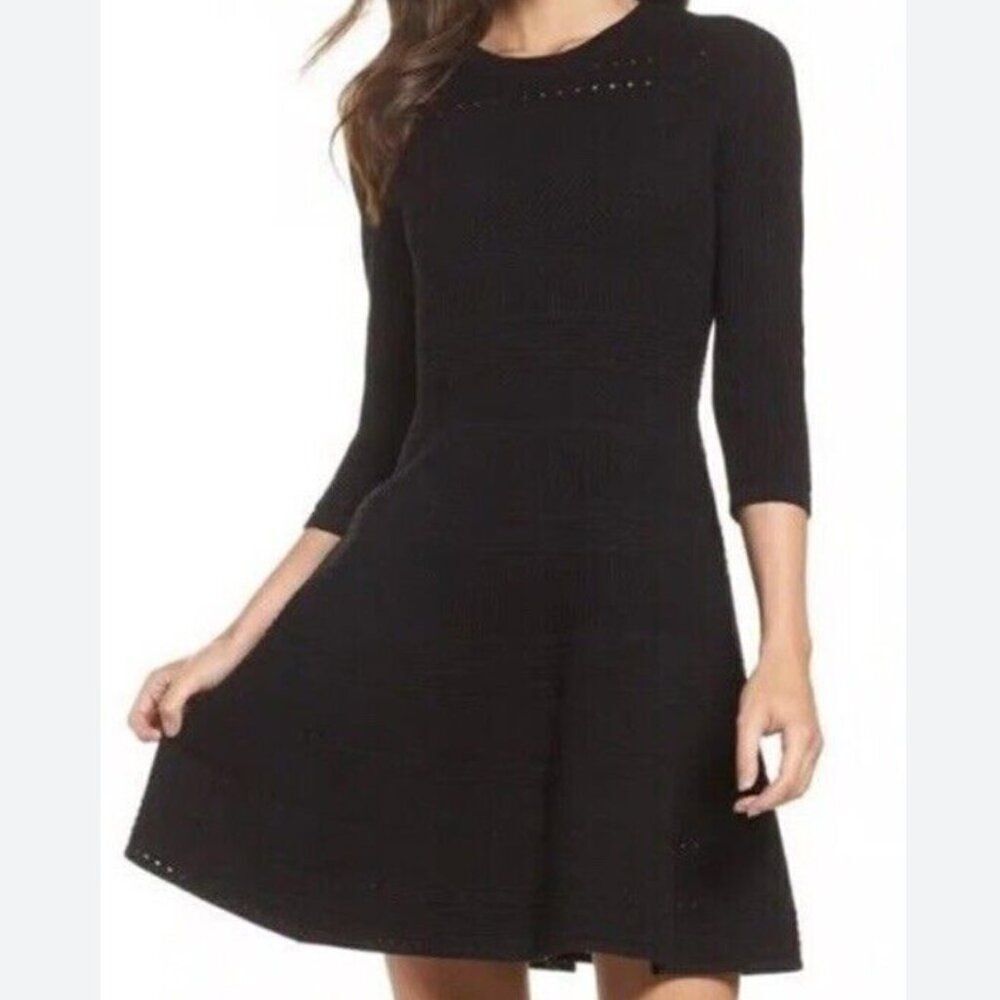 Eliza J Black Fit and Flare long sleeve heavy knit textured dress size L NWT